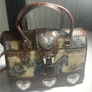Vintage brown leather tapestry cow girl western horse print hand bag/ purse